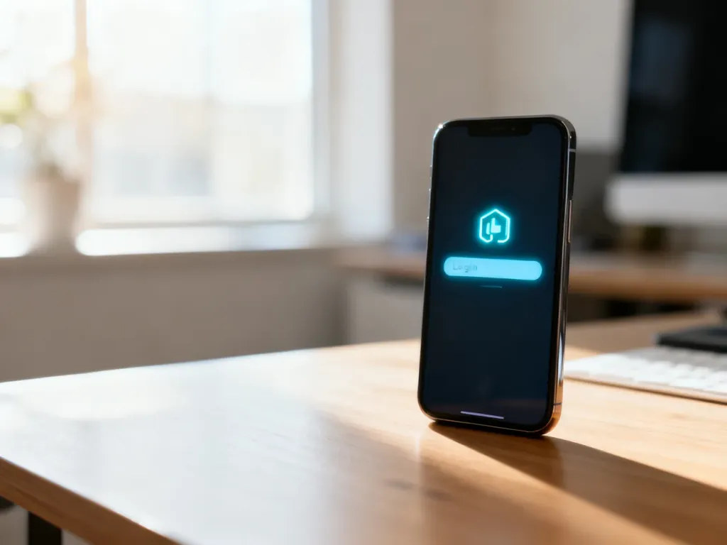Smartfon z widocznym interfejsem logowania na drewnianym biurku w jasnym biurze.