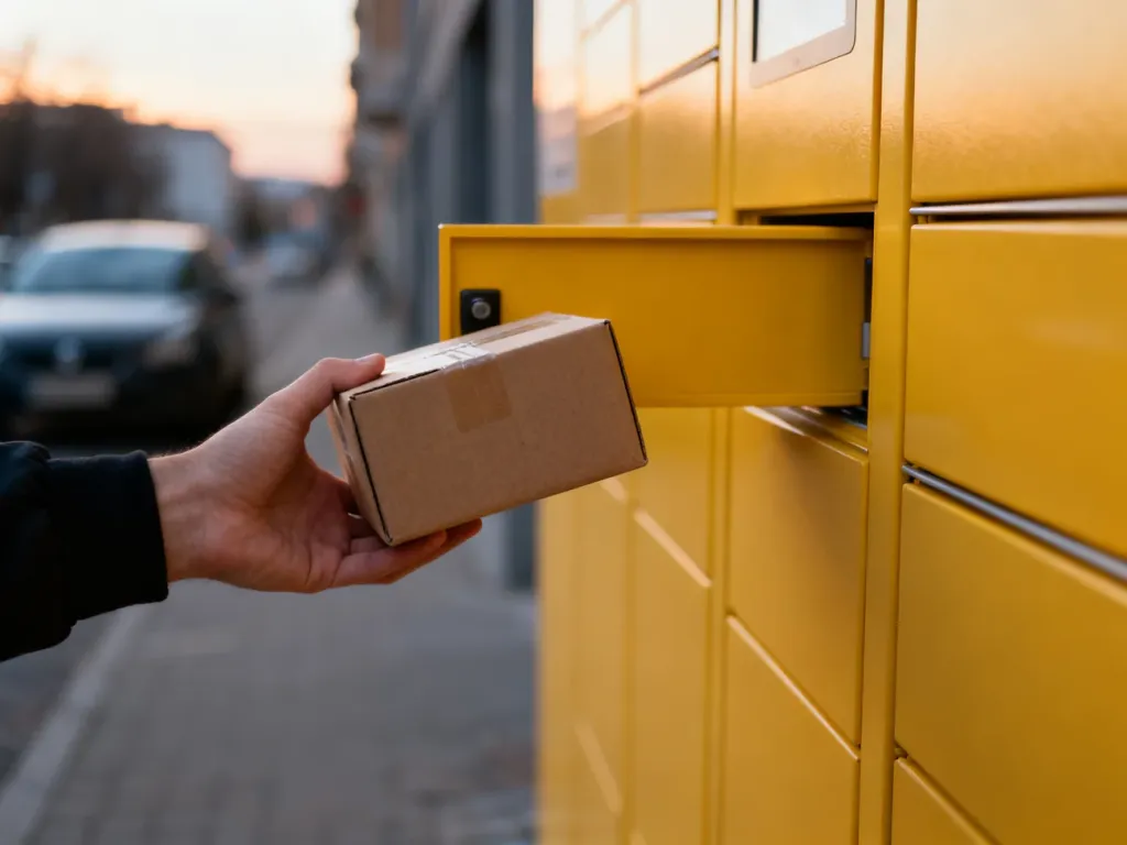 Ręka trzymająca małą paczkę przed żółtym paczkomatem InPost, gotowa do odbioru przesyłki wieczorem