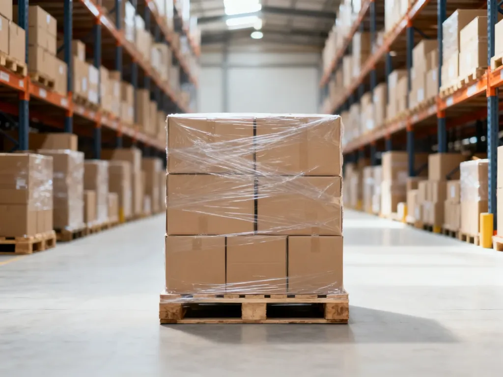 Starannie owinięta paleta z kartonami w nowoczesnym magazynie, ilustrująca profesjonalną wysyłkę i koszt transportu palet.