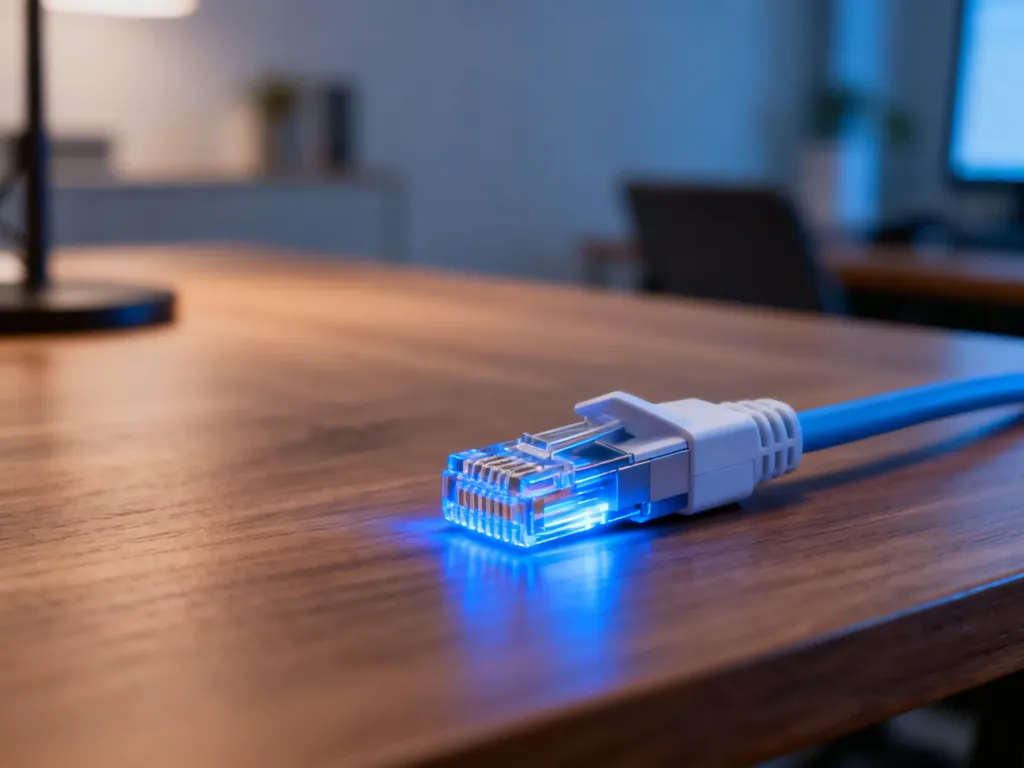 Świecąca końcówka kabla światłowodowego na biurku, symbolizująca stabilne połączenie internetowe.
