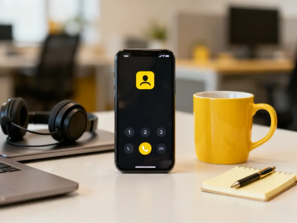 Smartfon z ekranem połączenia obok żółtego kubka i słuchawek, symbolizujący infolinię DHL i kontakt telefoniczny.