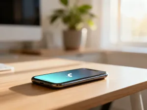Dłoń trzymająca smartfon z otwartym panelem logowania do serwisu internetowego w jasnym, nowoczesnym wnętrzu.