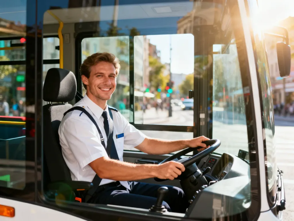 Uśmiechnięty kierowca autobusu miejskiego siedzący za kierownicą nowoczesnego pojazdu w słoneczny dzień.