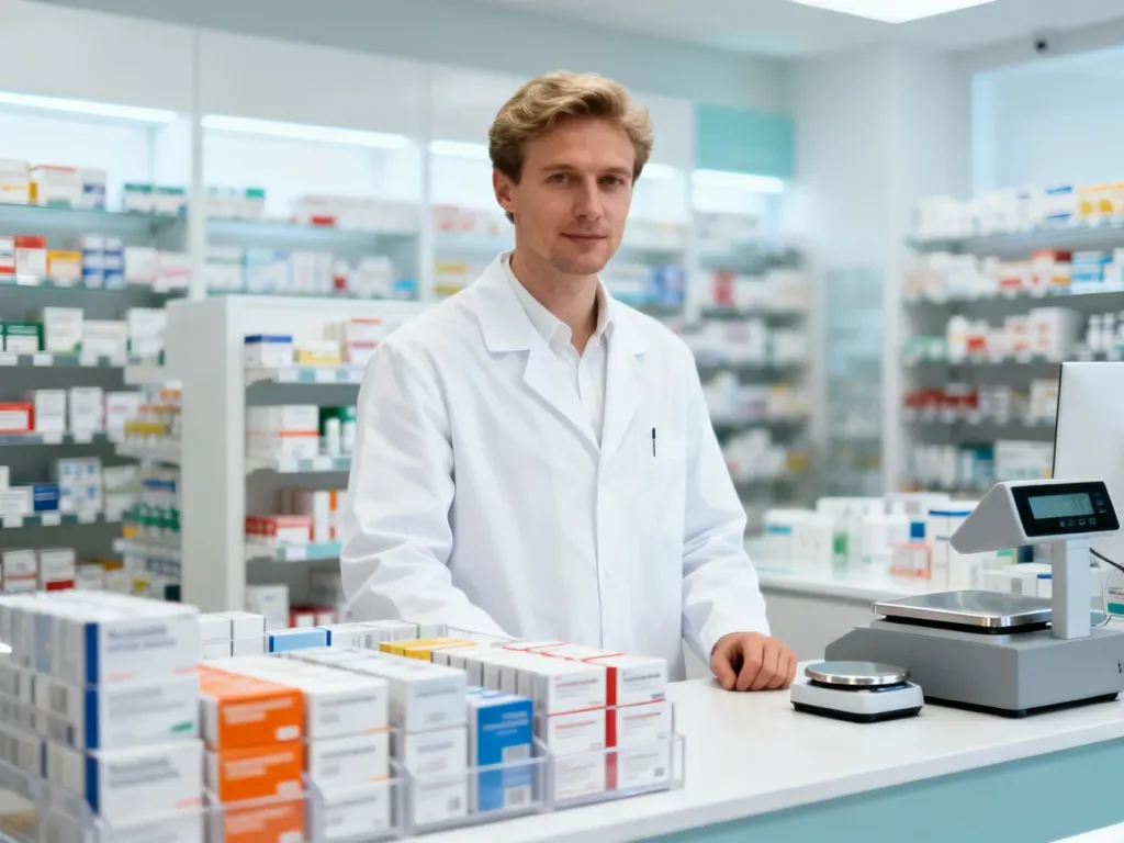 Farmaceuta w białym fartuchu za ladą apteki, otoczony uporządkowanymi lekami w profesjonalnym, jasnym wnętrzu.