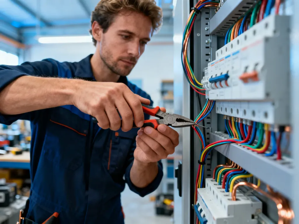 Elektryk pracujący przy nowoczesnej rozdzielnicy, precyzyjnie łączący kolorowe przewody w profesjonalnym warsztacie.