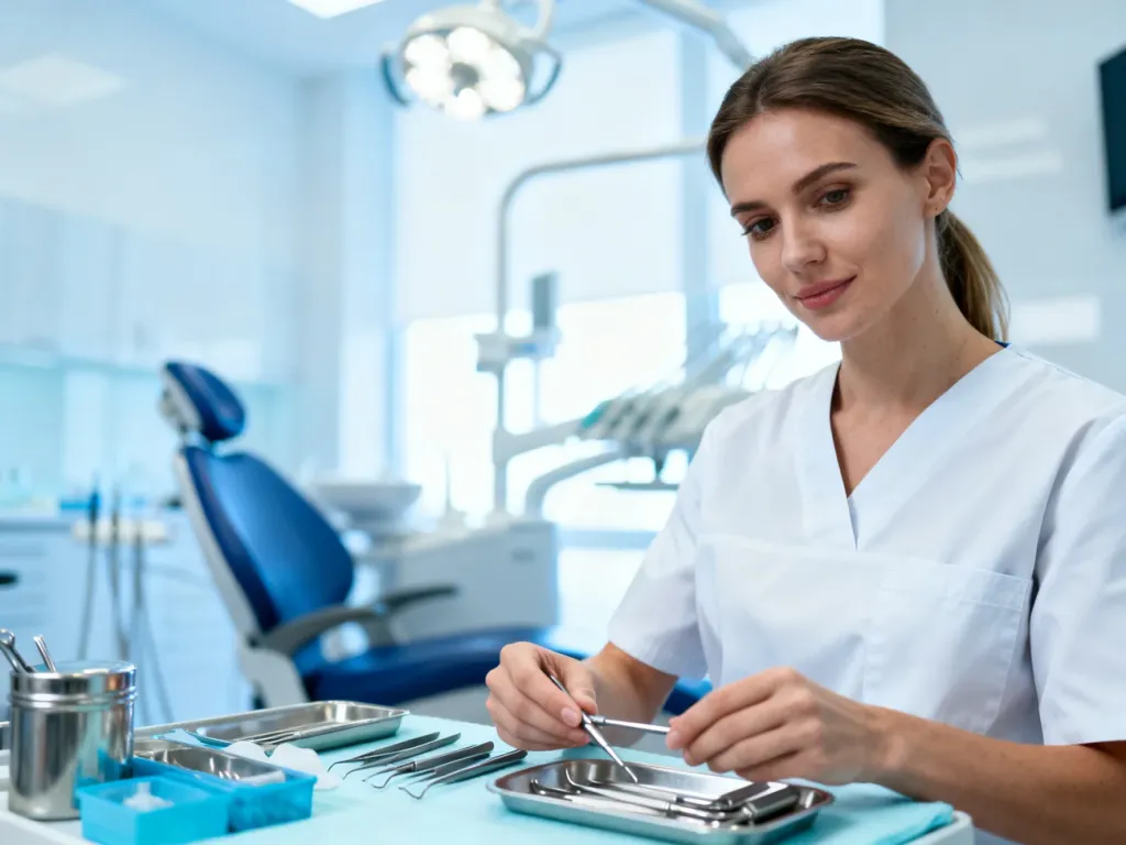 Asystentka stomatologiczna przygotowująca sterylne narzędzia w nowoczesnym gabinecie dentystycznym.