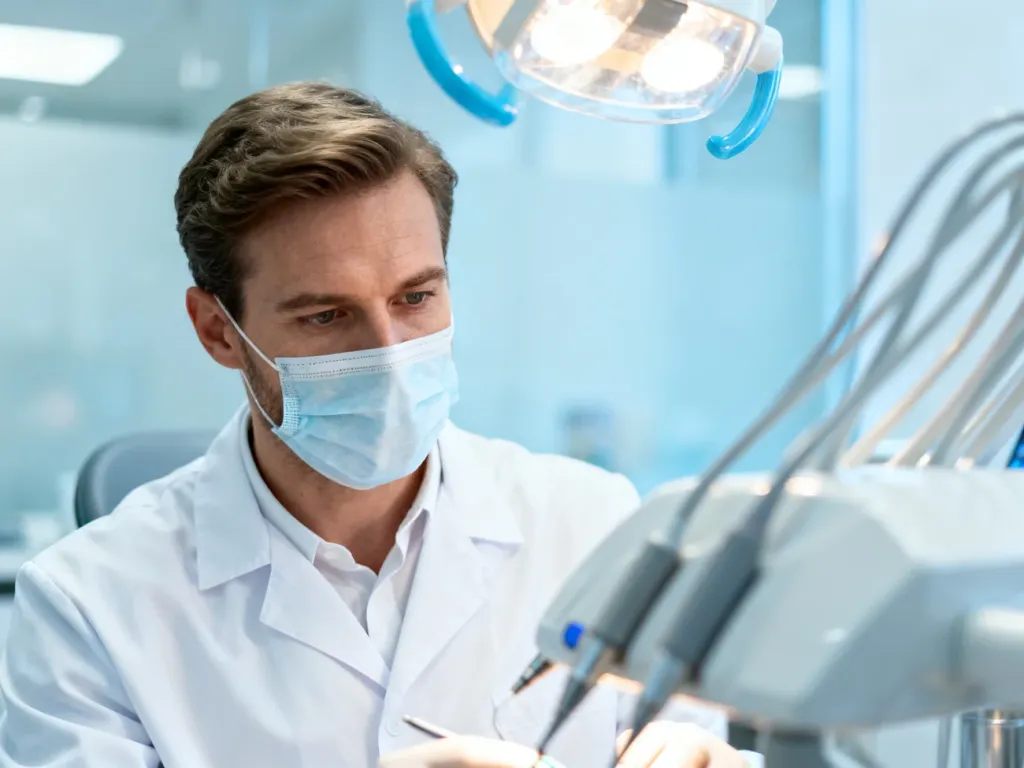 Skupiony dentysta w profesjonalnym gabinecie stomatologicznym przy nowoczesnym sprzęcie medycznym.