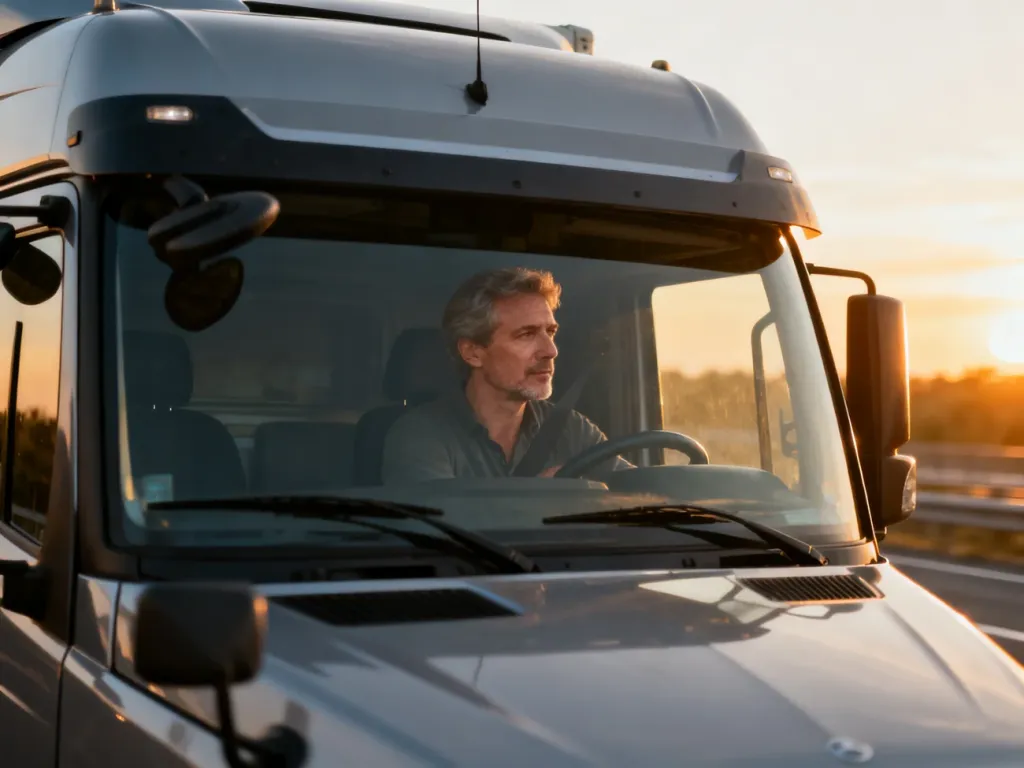 Skupiony kierowca ciężarówki prowadzący nowoczesny pojazd podczas zachodu słońca na autostradzie.