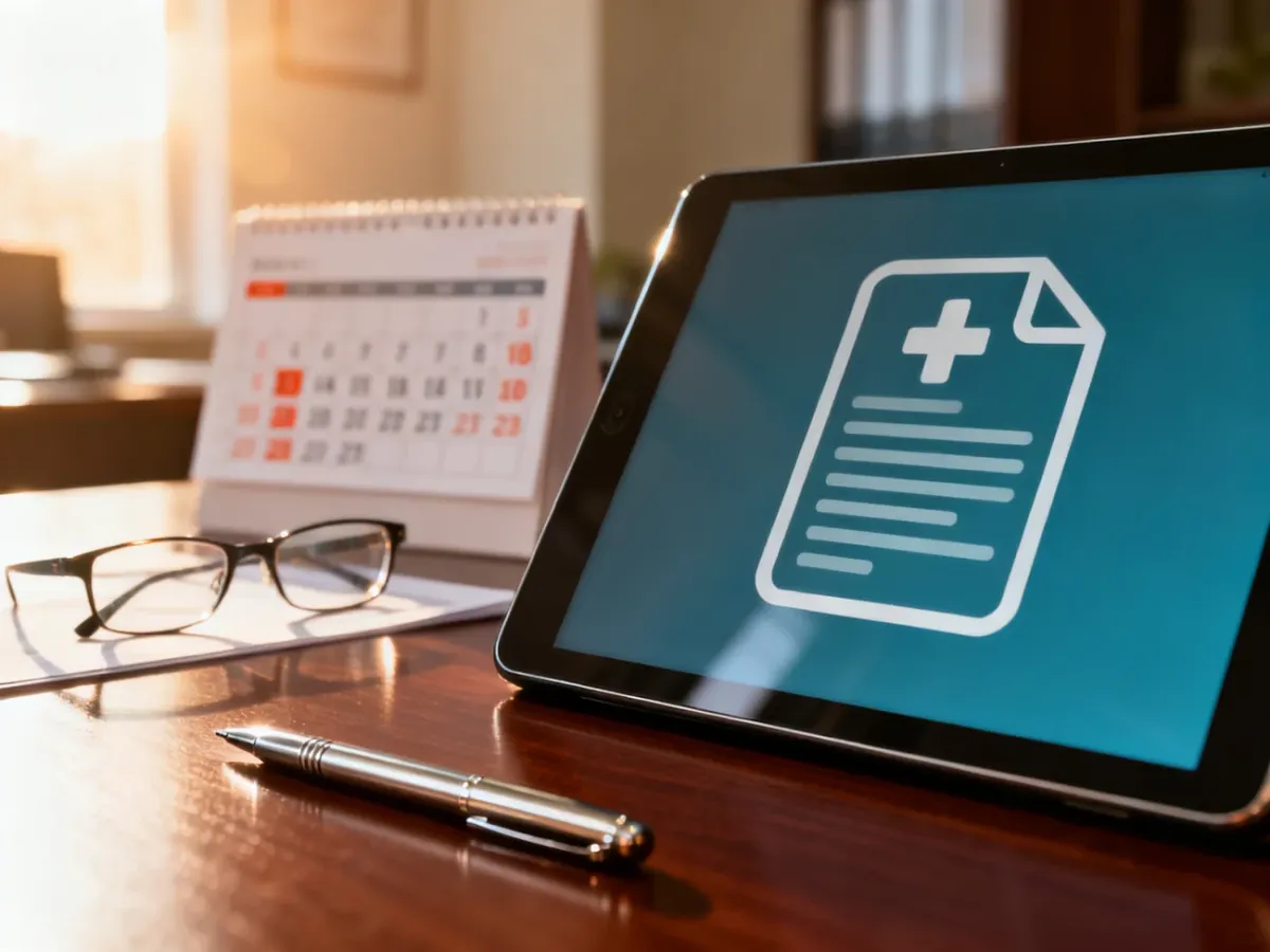 Tablet z ikoną dokumentu medycznego i kalendarz na biurku, symbolizujące proces kontroli zwolnień lekarskich.