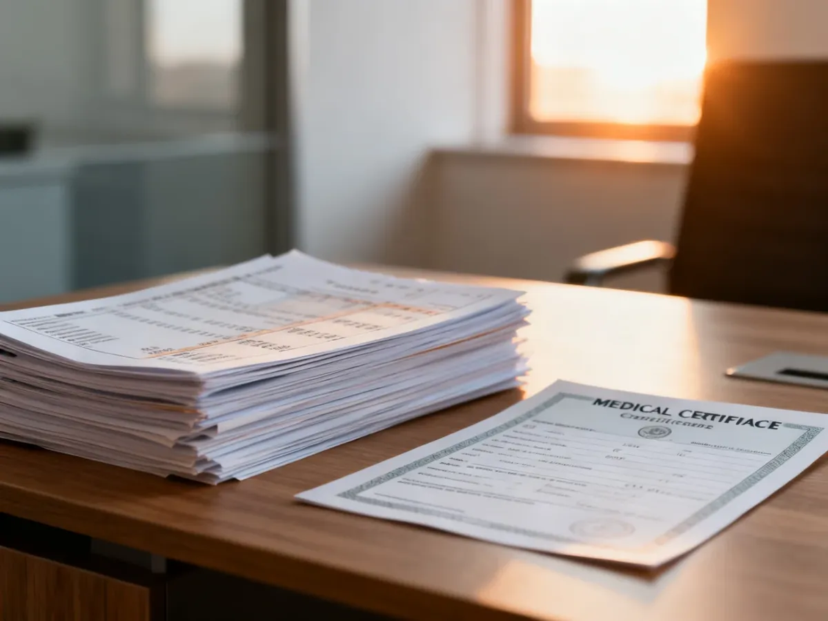 Stos dokumentów finansowych oraz formularz zwolnienia lekarskiego na biurku, symbolizujące rozliczenia świadczeń chorobowych.
