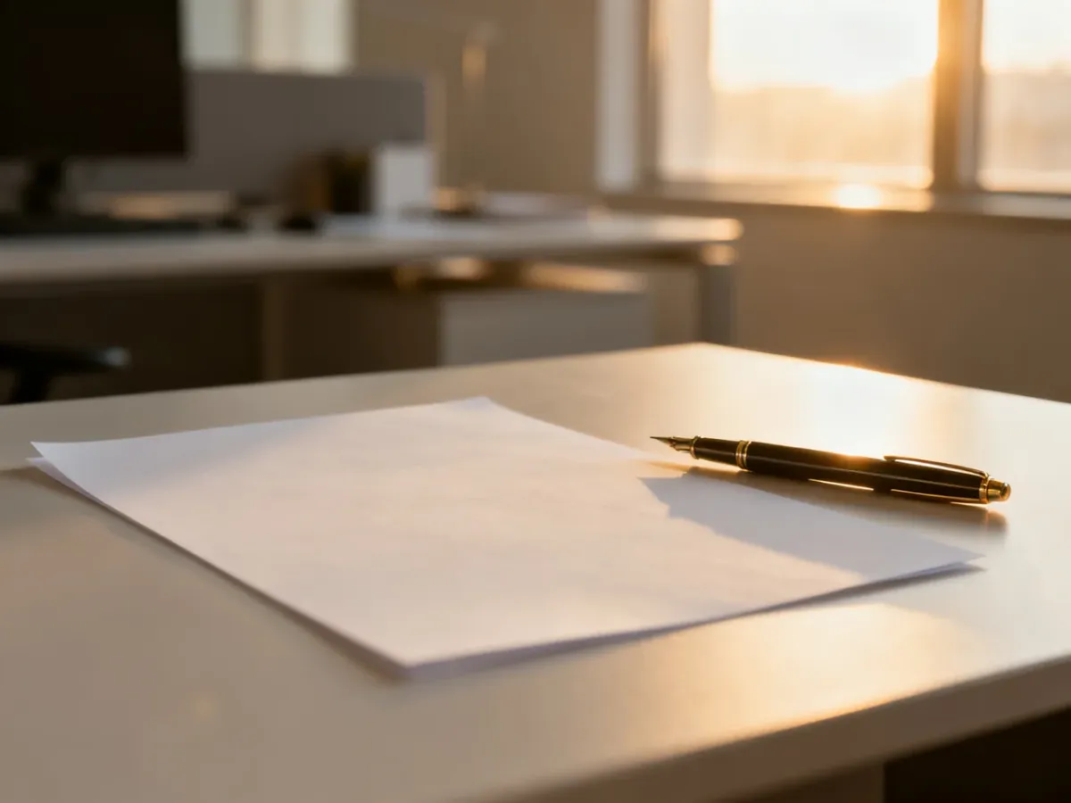 Czyste biurko z kartką papieru i piórem, symbolizujące przygotowanie dokumentów do wniosku o urlop z powodu siły wyższej.