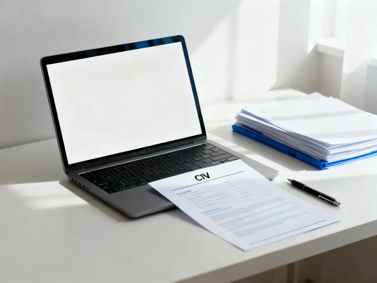 Laptop and documents prepared for reviewing and sending a professional CV
