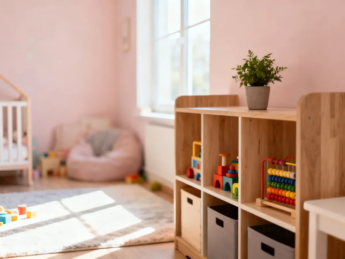 Jasne i przytulne wnętrze żłobka z edukacyjnymi zabawkami, tworzące spokojną atmosferę sprzyjającą opiece nad dziećmi.