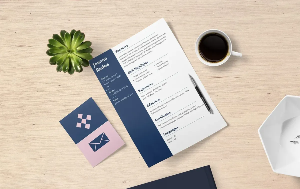 Elegancki dokument CV leżący na biurku, symbolizujący profesjonalne przygotowanie do procesu rekrutacji.